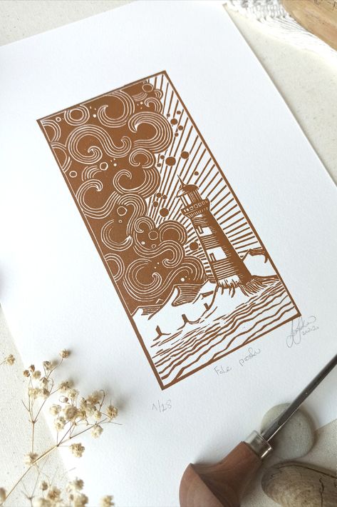 Fantastic coastal hand printed wall decor with desert, storm and lighthouse! Stay with the light from the lighthouse... Lighthouse in the middle of the desert?! Yes! This combination gives a mysterious feeling and unreal, dream vibe to my hand printed and hand carved illustration print. The print can be beautiful gift and decoration to every interior. Love lighthouses? Desert? Unique artwork decorations? This is piece of art for you. Lighthouse Linocut, Color Linocut, Lighthouse Illustration, Desert Artwork, Clouds Illustration, Old Lighthouse, Lighthouse Design, Lithography Prints, Linoleum Print