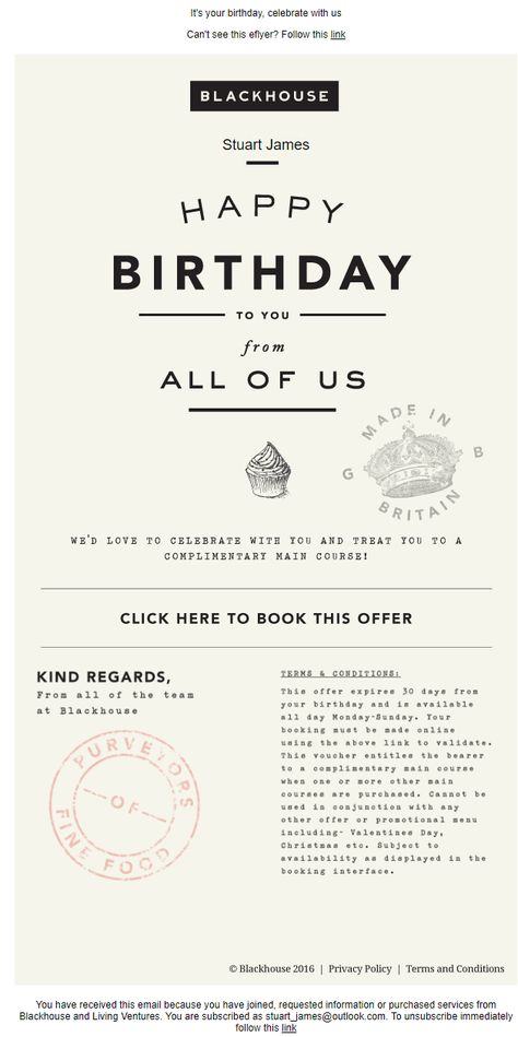 Birthday email with offer from Blackhouse Birthday Newsletter Design, Birthday Newsletter, Birthday Email, Marketing Email, Newsletter Design, It's Your Birthday, Email Design, Brand Marketing, Happy Birthday To You