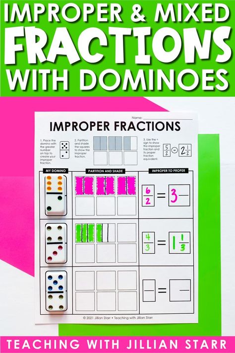 Improper Fractions to Mixed Number Dominoes Teaching Mixed Numbers, Changing Improper Fractions To Mixed, Mixed Fractions To Improper Fractions, Improper Fractions To Mixed Numbers Game, Fraction Activities 4th Grade, Improper Fractions Activities, Mixed Numbers Activities, Adding Fractions Activities, Maths Shapes