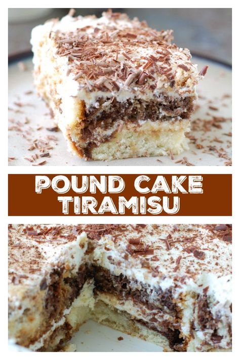 Easy Pound Cake Tiramisu: An easy #makeahead dessert made with marble pound cake. #tiramisu #poundcake #easydessert #valentinedessert Tiramisu With Pound Cake, Tiramisu Pound Cake Recipe, Tiramisu Pound Cake, Pound Cake Trifle Desserts, Pound Cake Tiramisu, Terimasu Cake, Dessert With Pound Cake, Tiramisu Pie, 2023 Desserts