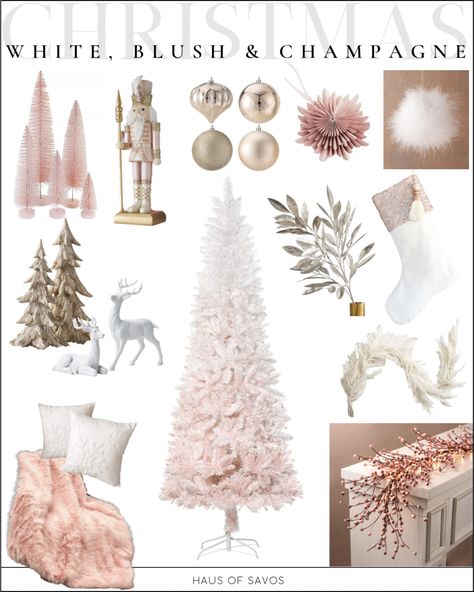 Blush Pink And Gold Christmas Decor, Blush Christmas Tree Rose Gold, White And Pink Christmas Tree Ideas, Pink And Champagne Christmas Tree, Blush Pink Christmas Decorations, Blush Christmas Decor, Pink And Gold Christmas Decor, Champagne Ornaments, Modern Pink Christmas