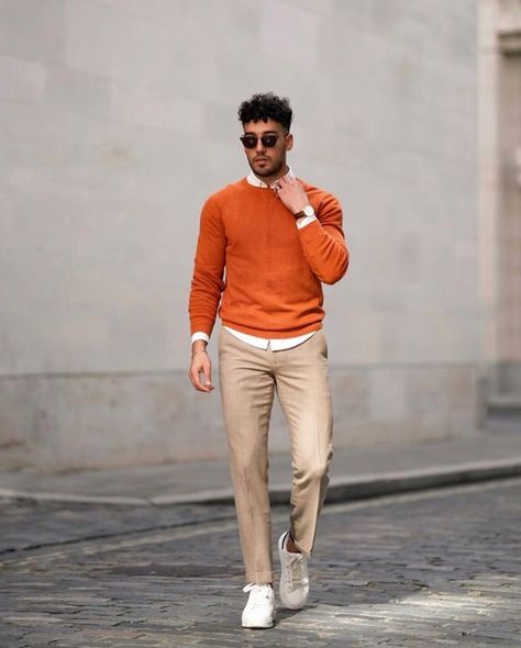 Men’s Style Destination on Instagram: “Casual fall outfit 👍or👎 Follow @mensstyledestination_ Credit: @youssefesawy . . . . . #mensfashion #mensclothing #fashion…” Dress Combination Men, Bar Night Outfit, Tan Pants Outfit, Orange Sweater Outfit, Upscale Lounge, Outfit Ideas Men, Sweater Outfits Men, Bar Night, Night Outfit Ideas