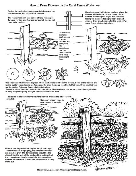 You can print the free worksheet from off of my blog. https://drawinglessonsfortheyoungartist.blogspot.com/2020/10/free-how-to-draw-flowers-by-rural-fence.html I have hundreds more on my blog. This worksheet is a simple picture and is rewarding to draw. It makes a good handout for class, or homeschool, or just as a fun practice project. How To Draw A Fence Step By Step, Draw Objects, How To Draw Flowers, Sketching Tips, Draw Flowers, Art Worksheets, Architecture Drawing Art, Landscape Drawings, Easy Drawing