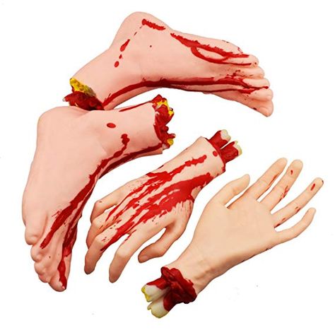 Amazon.com: XONOR Halloween Severed Hands Feet Set Scary Bloody Broken Body Parts Halloween Props Decorations, 4 Pieces(Feet & Hands) (Skin Color): Toys & Games Haunted House Halloween Party, Scary Halloween Decorations Outdoor, Halloween Coffin, Halloween House Party, Scary Halloween Decorations, Halloween Haunted Houses, Halloween Deco, Halloween Props, Outdoor Halloween