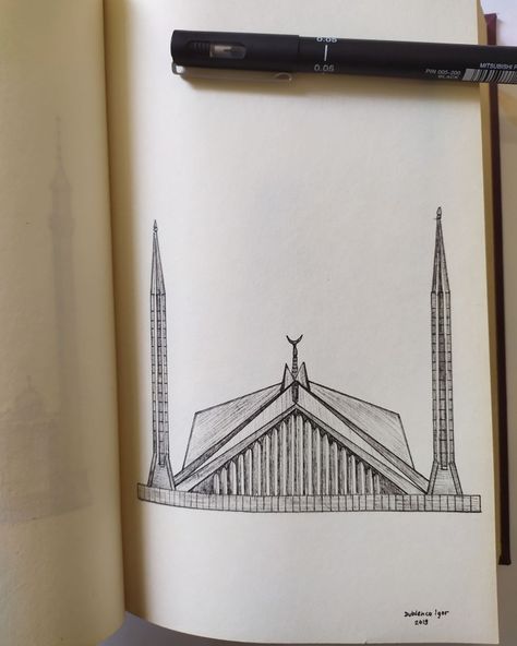 My drawing illustration, Faisal Mosque, Islamabad, Pakistan, Asia, Dublenco. Faisal Masjid Drawing, Faisal Mosque Drawing, Pakistan Drawing, Mosque Drawing, Faisal Mosque, Pakistan Art, Sketch Images, Drawing Scenery, Pencil Sketch Images