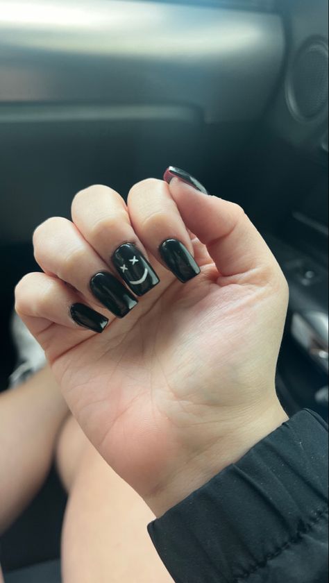 Matte Black Nails With Smiley Face, X Smiley Face Nails, X Eyes Smiley Face Nails, Black Smiley Face Nails, Smiley Face Nails, Mens Manicure, Classy Acrylic, Cross Nails, Nail Goals