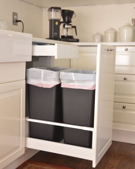 Ikea Trash, Ikea Bodbyn Kitchen, Ikea Bodbyn, White Ikea Kitchen, Trash Cabinet, Ikea Drawers, Ikea Kitchen Cabinets, Standard Kitchen, Kitchen Trash Cans