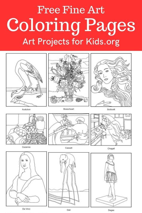 A collection of over 50 free Fine Art Coloring Pages. Never settle for fuzzy coloring page copies again! Famous Paintings Coloring Pages, Famous Art Coloring Pages, Famous Artist Coloring Pages, Artist Coloring Pages, Famous Art Coloring, Art Worksheets Printables, Kandinsky Circles, Famous Art Paintings, Art Coloring Pages