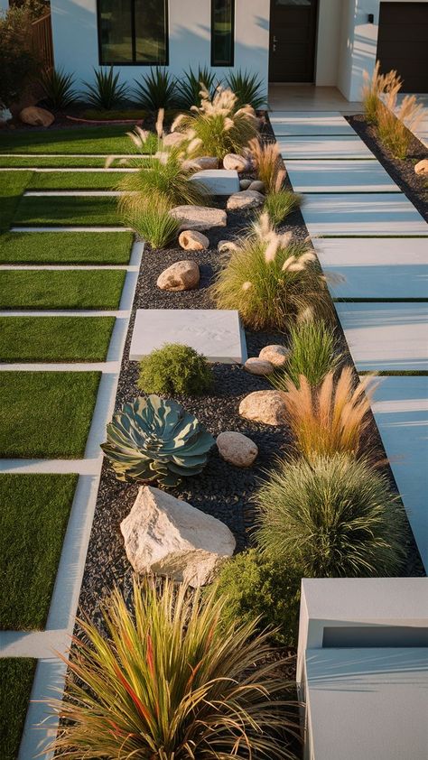 Small Landscape Ideas Front Yard Modern, Front Yard Bush Landscaping Ideas, Clean Garden Ideas, Front Yard Landscaping Ideas Arizona, Modern Garden Front Yard, Simple Modern Backyard Landscape Design, Landscaping For A Small Front Yard, Mulch And Gravel Landscaping Ideas, Rectangle Front Yard Landscaping