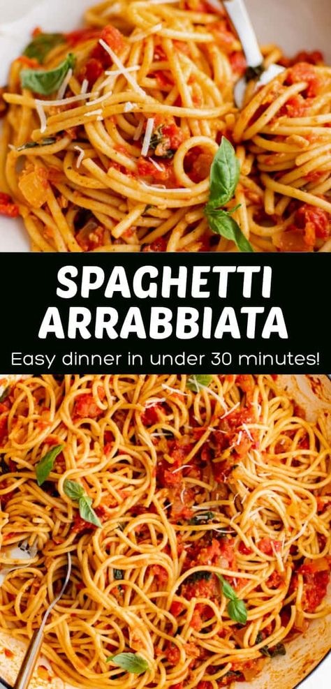 This easy Spaghetti Arrabbiata comes together in less than 30 minutes with plenty of fresh flavor and a spicy kick! Arrabbiata Pasta, Arrabbiata Sauce, Easy Pasta Dinner Recipes, Easy Pasta Dinner, Easy Spaghetti, Best Pasta Recipes, Pasta Dinner Recipes, Yummy Pasta Recipes, Tasty Pasta