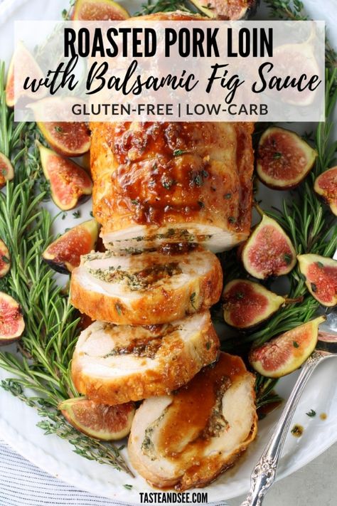 This Oven Roasted Pork Loin with Balsamic Fig Sauce is a delicious roasted pork loin full of flavor and juiciness!  #GlutenFreeRecipes  #LowCarbRecipes #LowCarbDinner #TasteAndSee Oven Roasted Pork Loin, Oven Roasted Pork Tenderloin, Oven Roasted Pork, Fig Sauce, Roasted Pork Tenderloin Recipes, Roasted Pork Loin, Roasted Pork Tenderloin, Balsamic Sauce, Pork Roast In Oven