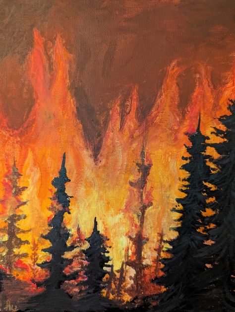 Fire Drawing Colored Pencil, Forest On Fire Painting, Wild Fire Drawing, Fire Tree Art, Trees On Fire Drawing, House On Fire Painting, Forest On Fire Drawing, Tree On Fire Drawing, Paintings Of Fire