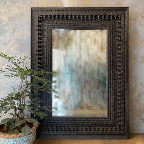 Enhance your space with this beautifully carved Distressed wooden Jharokha frame! Rajasthani Wooden Jharokha Mirror Frames are artistically handcrafted with intricate detailing and craftsmanship. The mirror frame is developed in Solid Mango Wood antique finish with multiple color options. Use this outdoors or indoors be it in garden/ living Room Decor/washroom. It instantly lifts up the overall space. Wooden Hand Polished Jharokha Mirror Frame is Hand Made, Hand-painted Photo Frame Unique Origin Antique Wall Decor Living Room, Antique Wooden Mirror, Wooden Photo Frames Handmade, Vintage Wooden Mirror, Vintage Mirror Frame, Jharokha Mirror, Large Bathroom Mirror, Wooden Frame Mirror, Antique Mirror Frame