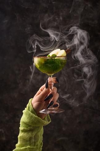 size: 12x8in Photographic Print: Halloween Green Apple Cocktail with Witch Hand by yulka3ice : Green Apple Cocktail, Elegant Halloween Dinner Party, Halloween Dinner Party Ideas, Green Apple Cocktails, Apple Toast, Spooky Soiree, Apple Schnapps, Halloween Dinner Party, Spooky Dinner