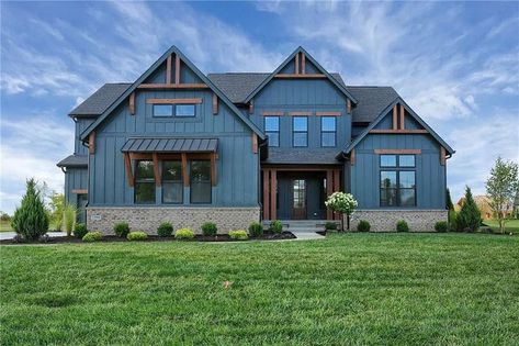 Blue Home Exterior, Blue Exterior House Colors, Dark Blue House Exterior, Dark Grey Houses, Dark Blue Houses, Green House Exterior, Blue Siding, Dark Trim, Light Brick