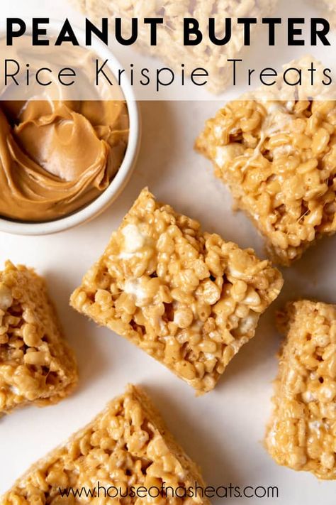 Peanut Butter Rice Krispie Treats are always a win in my house! Loaded with marshmallows, smooth peanut butter, and crispy rice cereal, they are wonderfully crispy, super ooey gooey, and very sweet!rnrn Peanut Butter Rice Krispie Treats Recipe, Fun Rice Krispie Treats, Peanut Butter Rice Crispies, Rice Krispies Recipe, Peanut Butter Rice Krispie Treats, Peanut Butter Rice Krispies, Krispie Treats Recipe, Peanut Butter No Bake, Chunky Peanut Butter