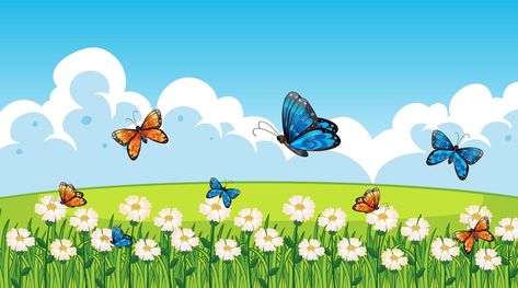 Nature scene background with butterflies flying in garden Garden Clipart, Scene Background, School Wall Art, Scene Drawing, Butterfly Background, Garden Illustration, Garden Drawing, Butterfly Clip Art, Background Drawing