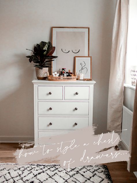 Styling Chest Of Drawers, Decor For Top Of Chest Of Drawers, Chest Of Drawers Top Decor, White Drawer Decor, Top Drawer Decor, Top Of Drawers Decor Bedroom, Tall Chest Of Drawers Bedroom Styling, Top Of Chest Of Drawers Decor, Top Of Drawers Decor