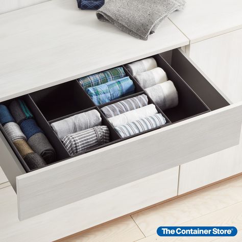 Cambridge Drawer Organizers are a sophisticated, well-designed solution for keeping lingerie, undergarments, hosiery and accessories organized, visible, accessible and protected. This expandable version gives you even more options. Four permanent compartments provide generous storage, while an adjustable frame slides out to create an additional compartment along either side. Nursery Closet Shelves, Organizers For Clothes, Easy Closet Shelves, Small Closet Shelving, Closet Storage Ideas, Linen Closet Shelves, Wood Closet Shelves, Diy Closet Shelves, Storage Closet Shelving