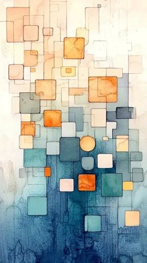 ↑↑↑ Larger size on website 🔸 The image is an abstract watercolor painting composed of a grid of squares and rectangles in various Shapes And Colors, Abstract Watercolor Painting, Blue Green Orange, Black Lines, Orange And Pink, Abstract Watercolor, Shades Of Blue, Geometric Shapes, Watercolor Painting