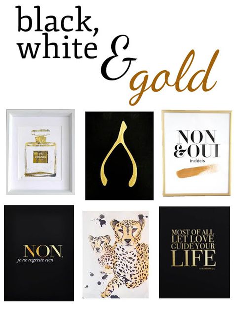 Black, White and Gold Prints Black White And Gold Bedroom, Gold Interior Design, Black Gold Bedroom, Dorms Decor, White Bedrooms, Black White Bedrooms, Gold Bedroom Decor, Office Design Inspiration, Gold Rooms