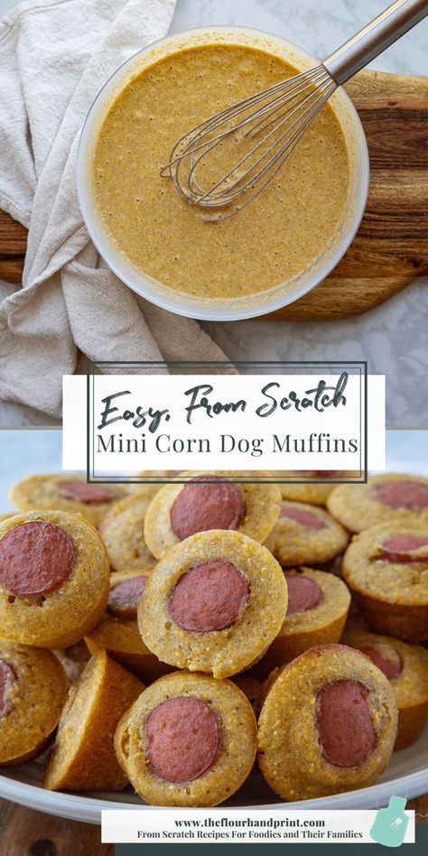 Mini corn dog muffins are the perfect kids food or a fun and poppable appetizer for parties. This homemade mini corn dog muffin recipe uses a sweetened whole wheat cornmeal batter that bakes up fluffy around each hot dog slice. Then you can serve them fresh or freeze them for easy reheating later. My simple instructions and easy to follow recipe make this easy for any home cook to make. Check out the full recipe and all my tips on making perfect baked mini corn dogs on the blog today! Baked Mini Corn Dogs, Baked Corn Dogs, Mini Corn Dog Muffins, Hot Dog Appetizers, Healthy Hot Dog, Dog Muffins, Homemade Corndogs, Healthy Corn, Cornmeal Muffins