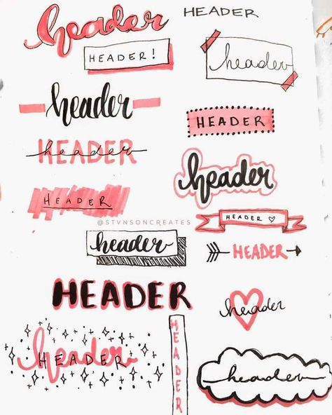 Awesome Bullet Journal header and title ideas, lettering styles, and banners. Tons of inspirations to decorate your Bullet Journal pages. Paragraph Ideas, Journal Headers, Bullet Journal Titles, Bullet Journal Headers, Studera Motivation, Journal Elements, Title Ideas, Notes Inspo, Bullet Journal Banner