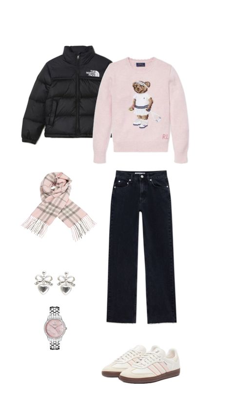 Coquette outfit winter snow Ralph Lauren sweater baby pink trendy adidas samba Zara jeans Burberry scarf Christmas ootd Pink Scarf Outfit, Ralph Lauren Sweater Outfit, Burberry Scarf Outfit, Christmas Ootd, Scarf Aesthetic, Cozy Winter Outfit, Zara Winter, Coquette Outfit, Hijabi Fits