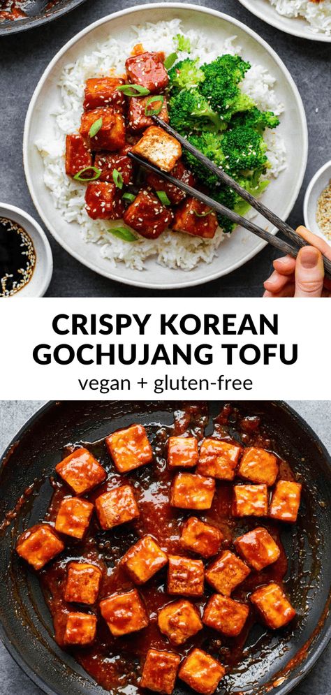 Korean Tofu Dish, Crispy Gochujang Tofu, Spicy Korean Tofu, Gochujang Tofu Bowl, Vegan Gojuchang, Vegetarian Recipes Spicy, Tofu Recipes Gochujang, Gochujang Recipe Dishes Vegetarian, Crispy Korean Tofu