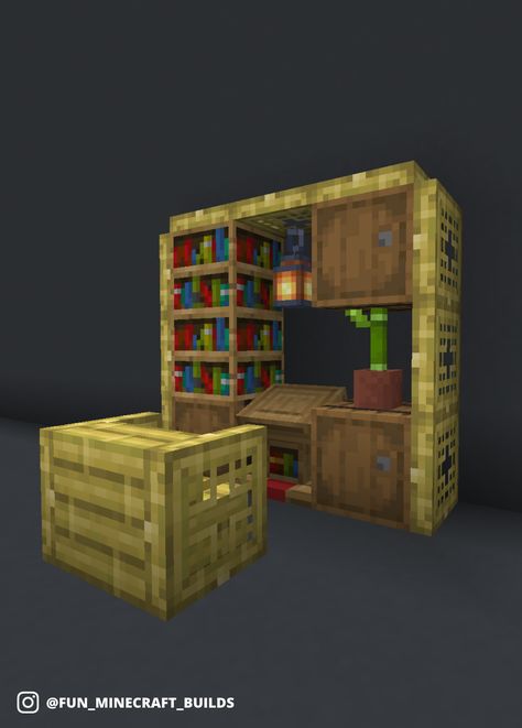 Simple and small Minecraft bamboo study desk with bookshelves and barrels. Add this to your list of Minecraft interior design inspiration today! #minecraft Bamboo House Design Minecraft, Bamboo Minecraft, Minecraft Bamboo House, Desk Minecraft, Minecraft Bookshelf, Desk With Bookshelves, Interior Minecraft, Bamboo Desk, Minecraft Interior