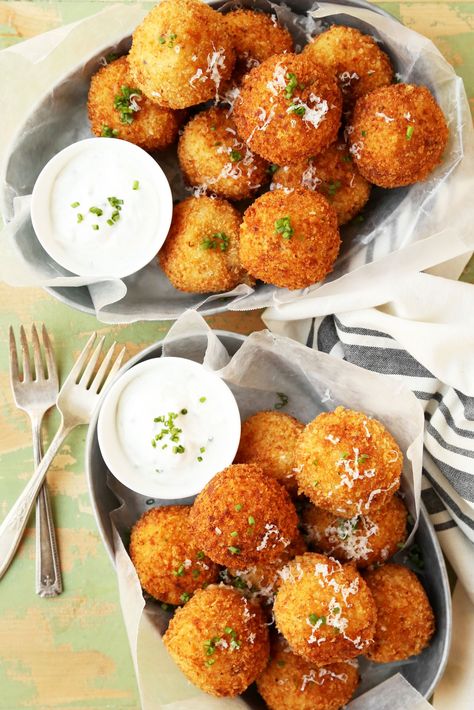 Loaded Baked Potato Croquettes - The Candid Appetite Baked Potato Croquettes, Loaded Fried, Croquettes Recipe, Mini Hamburgers, Potato Croquettes, Fried Potato, Loaded Baked Potato, Stuffed Potato Balls, Loaded Baked Potatoes