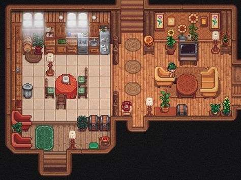 Kitchen and living room Stardew Living Room Design, Stardew Valley House Interior First Upgrade, Kitchen Ideas Stardew Valley, Stardew Kitchen Ideas, Stardew Valley Kitchen Layout, Cute Stardew Valley House, Stardew Valley House Interior Kitchen, Stardew Valley House Interior Design No Mods, Sdv Room Ideas