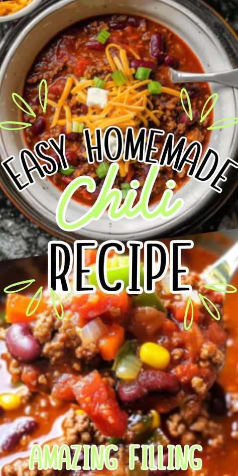 Easy Homemade Chili Recipe—a hearty and flavorful dish that's perfect for chilly days and cozy nights in. Picture a steaming bowl filled with tender chunks of beef, beans, tomatoes, and aromatic spices, simmered to perfection and bursting with savory goodness. Crafting this chili is a Easy Homemade Chili Recipe, Chili Recipe Stovetop, Easy Homemade Chili, Stovetop Chili, Easy Chilli, Homemade Chili Recipe, Homemade Chilli, Bean Chili Recipe, Best Chili Recipe