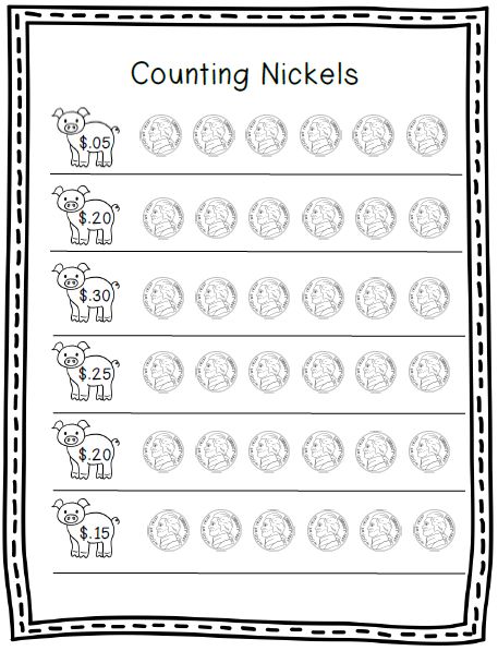 FREE Counting Nickels (great for counting by 5s for money and time activities). Nickel Activities For Kindergarten, Counting Nickels Worksheet, Math Games First Grade, Money Kindergarten, Math Money, Counting By 5's, Teaching Money, Money Activities, Kindergarten Math Games