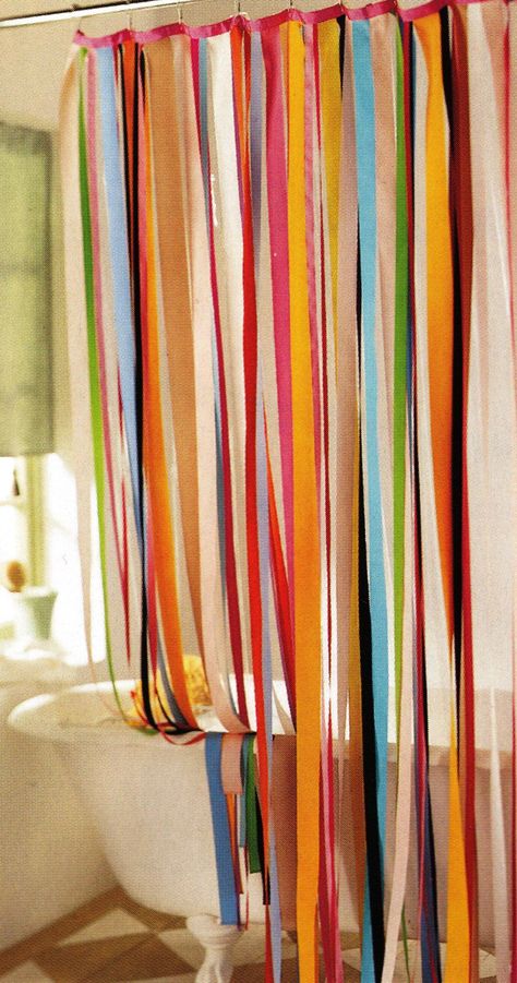 Ribbon Shower Curtain. I really like this. There are soooo many things you could do with this. Kids Bathroom Shower Curtain, Hanging Door Beads, Creative Curtains, Ribbon Curtain, Makerspace Projects, Door Beads, Cheap Apartment Decorating, Decorating Bathroom, Cheap Apartment