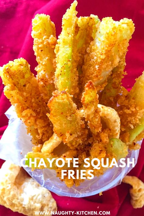 Enjoy this unique fruit called chayote squash that's dusted with crumbled chicharons. You will be please to know that these Chayote Squash Fries are a delicious snack option. #naughtykitchen #chayotesquash #chayotesquashfries #chayotesquashrecipe #appetizers Unique Squash Recipes, Cajun Seasonings, Chayote Recipes, Tornado Potato, Squash Fries, Chayote Squash, Gluten Free Cereal, Keto Side, Unique Fruit