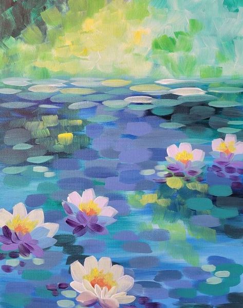 Our favorite aquatic flower! Tempera Art Ideas, Aquatic Painting Ideas, Easy Monet Paintings, Water Lilies Painting Easy, Lilypad Painting, Waterlilies Monet, Painting Therapy, Pinots Palette, 동화 삽화