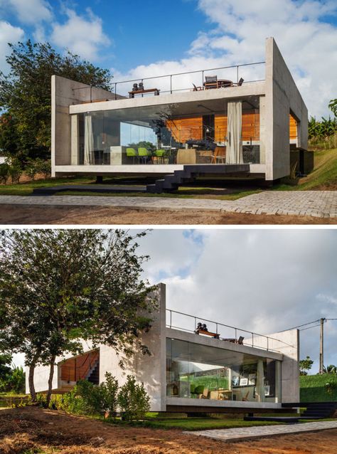 13 Modern House Exteriors Made From Concrete | The mostly concrete exterior of this house gives it a rough look that's softened and warmed up by the use of wood at the back of the house. Concrete Modern House, Concrete House Plans, Concrete Block House, Modern Concrete House, Concrete House Design, Architecture Art Nouveau, Contemporary House Exterior, Concrete Houses, Concrete Home