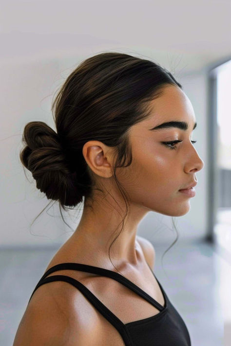 Gym-ready low bun for active lifestyles. Greasy Hair Gym Hairstyles, Gym Workout Hairstyles, Pirate Updo, Cute Workout Hairstyles For Short Hair, Updo For Sports, Fitness Hairstyles Workout Hair, Quick Gym Hairstyles, Hairstyle For Workout, Sporty Updos