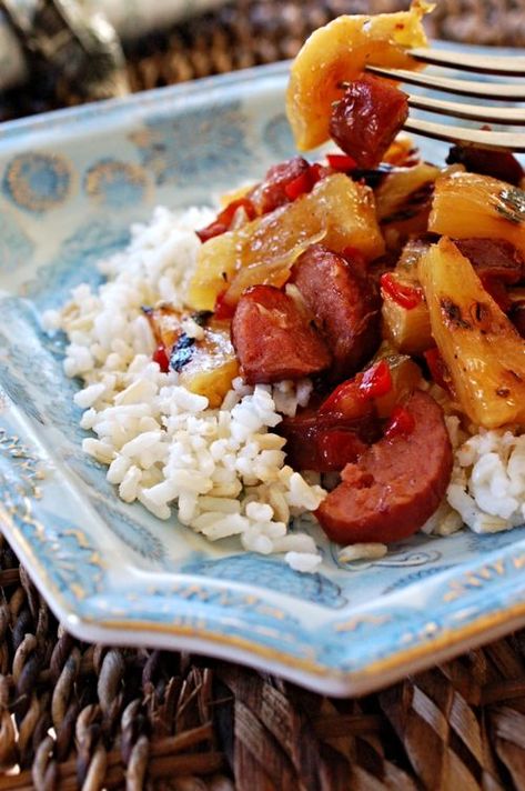 Hawaiian Sweet and Sour Smoked Sausage Recipe- Smoky Sausage, Sweet Roasted Peppers, Tangy Pineapple- the flavors will make your taste buds sing.  Quick and easy! Hawaiian Sausage Recipes, Pineapple Sausage Recipes Dinners, Sausage And Pineapple, Chicken Pineapple Sausage Recipes, Sausage And Pineapple Recipes, Kilbasa Sausage Recipes With Pineapple, Pineapple Sausage, Pineapple Smoked Sausage, Pineapple Sausage Recipes