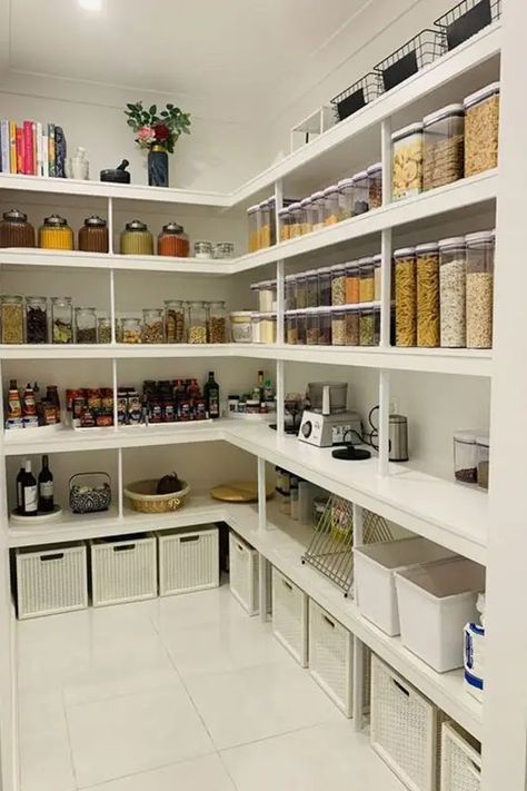 20 Walk-In Pantry Ideas For Stylish Kitchen Storage Pantry Room Ideas Walk In Storage, Walk In Food Pantry Ideas, Walkin Pantry Organization Ideas, Walk In Pantry Storage, Walk In Pantry Shelving Ideas, Walk In Pantry With Appliance Counter, Narrow Walk In Pantry, Small Walk In Pantry Layout, Walk In Pantry Ideas Layout