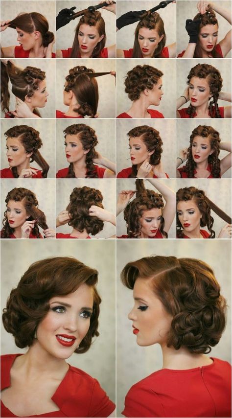 Hairstyles Vintage, Retro Hairstyles Tutorial, Step By Step Hairstyles, Pin Curls, Curly Hair With Bangs, Pretty Designs, Bridesmaid Hairstyles, Short Hair Updo, Retro Hairstyles