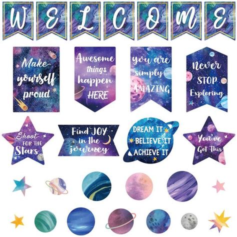 PRICES MAY VARY. Galaxy Space Design: the outer space classroom decorations are designed with a night sky theme and pairs with cosmic planets and inspiring words; The galaxy inspirational bulletin board will leave a deep impression on people Package Including: you will receive 7 pieces of welcome signs banner, 13 pieces of planet cutouts, 8 pieces of space inspirational posters and 4 pieces of dot stickers, which can meet your needs for classroom or home decoration Quality Material: the space th Galaxy Classroom Decor, Classroom Decor Space, Galaxy Bulletin Board, Star Themed Classroom, Space Bulletin Boards, Welcome Bulletin Board, Home School Supplies, Classroom Bulletin Boards Elementary, Inspirational Bulletin Boards