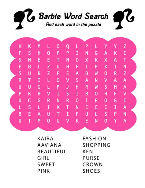 Personalized Activity Sheets!!! Barbie And Ken Party Games, Barbie Word Search, Barbie Theme Activities, Barbie Games For Party, Barbie Activity Sheet, Barbie Theme Games, Barbie Party Games Kids, Barbie Birthday Activities, Barbie Birthday Games