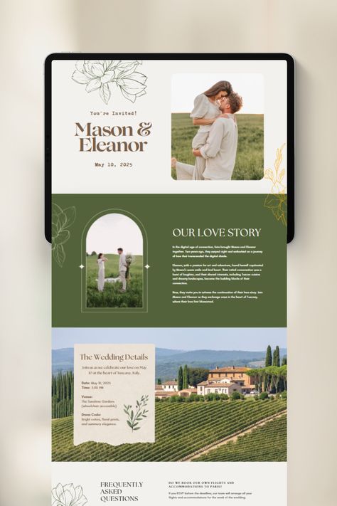 Create stunning garden wedding invitations with this editable website template on Canva. The simple and aesthetic design will impress your guests and set the tone for your special day. Personalize it to match your wedding theme effortlessly. Invitation Website, Wedding Invitation Website, Garden Wedding Invitation, Wedding Website Design, Garden Wedding Invitations, Wedding Magazine, Wedding Templates, Wedding Website, Aesthetic Design