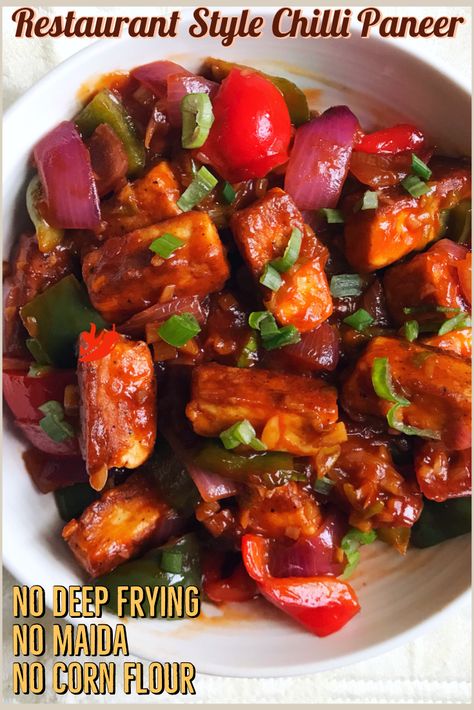 No oil indo chinese Chilli paneer recipe Chilli Paneer Recipe, Healthy Chilli, Veg Appetizers, Spicy Chilli, Chilli Paneer, Spicy Pasta, Paneer Recipe, Deep Fry, Deep Frying