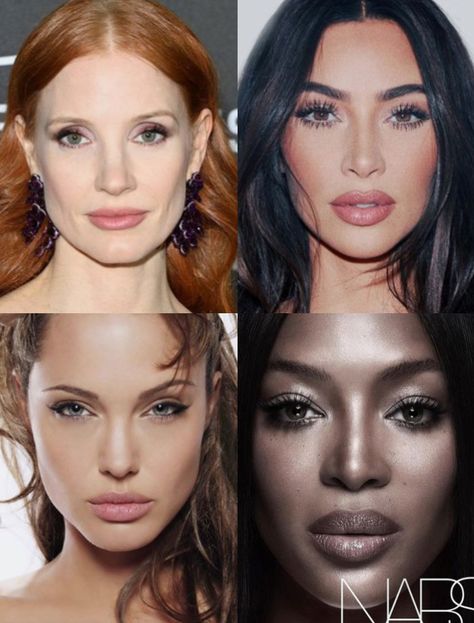 headshots of jessica chastain, kim kardashian, angelina jolie, and naomi campbell, all who have Ethereal and Dramatic style essences Romantic Ethereal Dramatic, Ethereal Dramatic Natural, Romantic Ethereal Essence, Sn Kibbe, Ethereal Dramatic, Dramatic Ethereal, Dramatic Gamine, Pretty Features, Ethereal Romantic