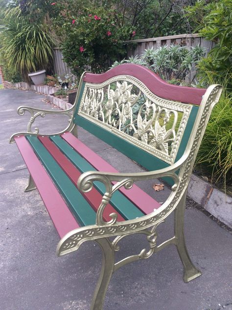 Painted Park Bench Ideas, Colorful Benches Outdoor, Park Bench Ideas, Green Garden Bench, Sheetrock Repair, Pink Garden Bench, Lutyens Bench In Garden, Wrought Iron Bench, Cast Iron Bench