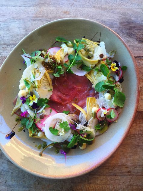 Beef carpaccio w/ truffle oil artichoke hearts pistachio crumb manchego cheese shaved fennel aioli + baby cress #thegrumpybarista Beef Carpaccio Fine Dining, Sydney Cafe, Beef Carpaccio, Manchego Cheese, Truffle Oil, Raw Bars, Aioli, Fennel, Tomato Salsa