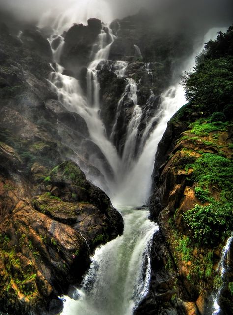 Western Ghats, Mandovi river plummeting down the Dudhsagar Falls in Goa... Goa India, Western Ghats, Visit India, Beautiful Waterfalls, Incredible India, India Travel, Goa, Palm Springs, Beautiful World